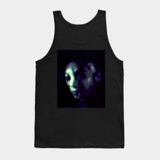 Monster, dark side in its protective state. Beautiful but dark, girl. Partially bald. Violet, white. Tank Top